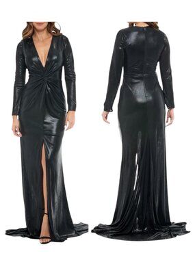 Rene Ruiz Collection Long Sleeve Draped Gown Dress 4 Black Shiny
